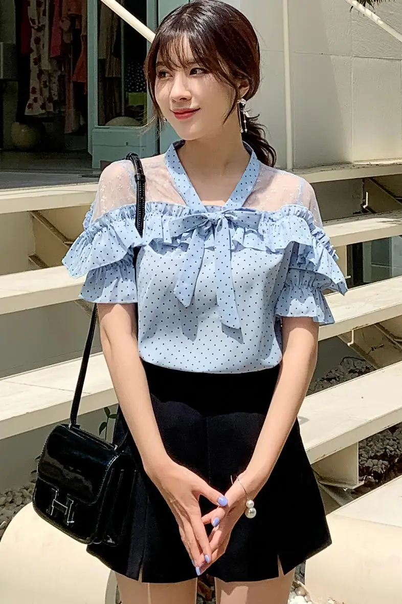 

COIGARSAM Cute Short Sleeve blouse women Summer Polka Dot Lace Chiffon Bow blusas womens tops and blouses Blue Apricot 8683