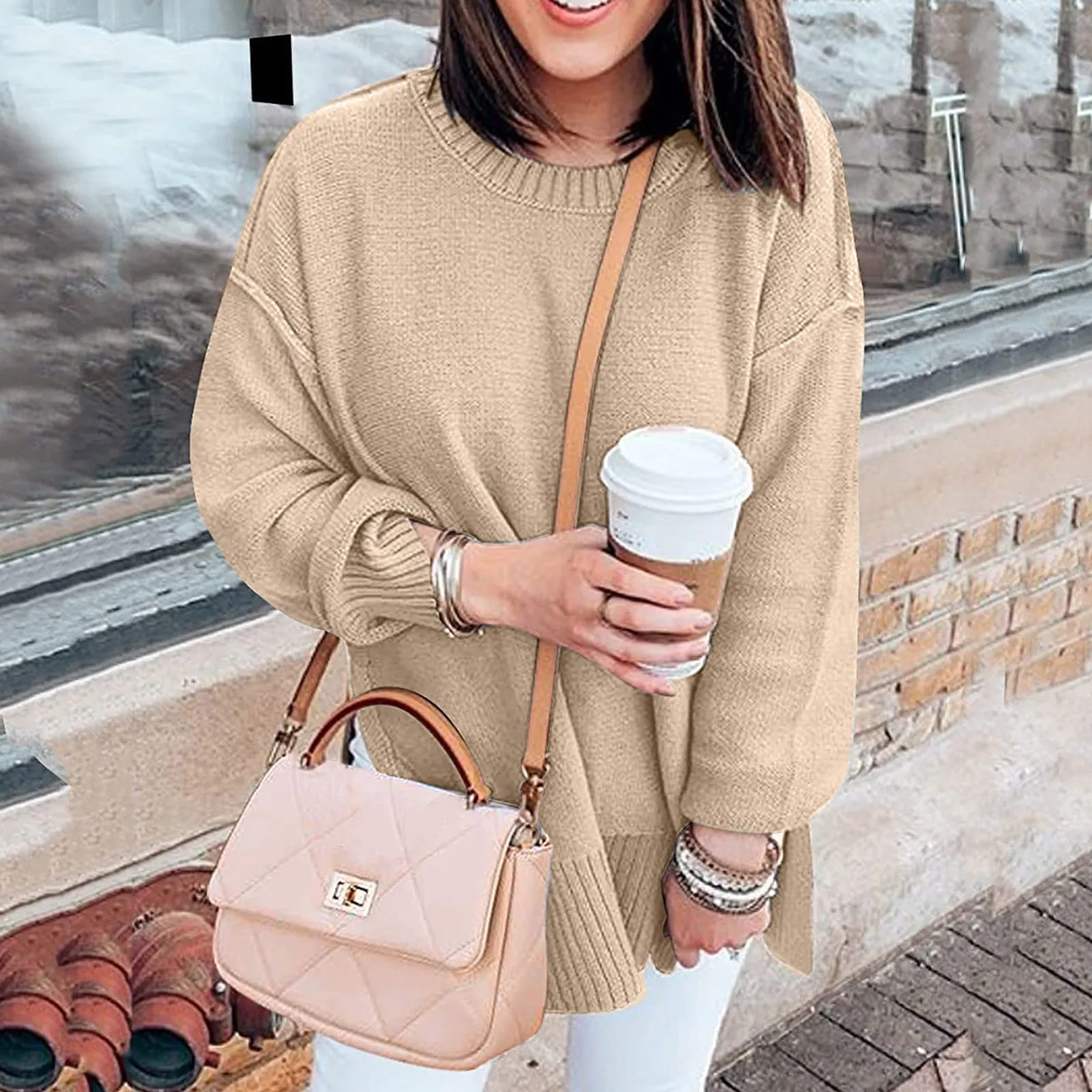 

Женский модный свитер с круглым вырезом, винтажный осенний однотонный Свободный вязаный пуловер оверсайз с длинным рукавом и Боковым Разре...