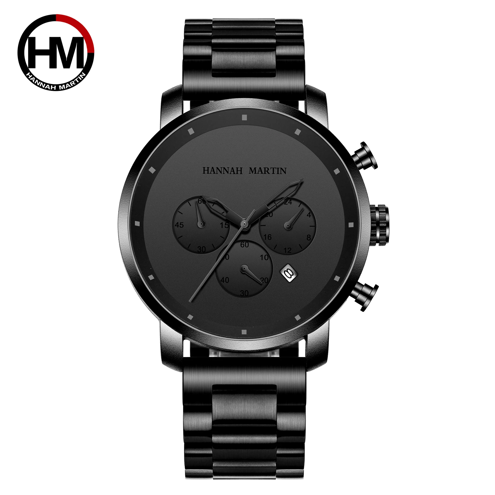 Business Man Watches Classic Big Dial 45mm Full Black Stainless Steel Multi-function Calendar Male Top Brand Luxury Wristwatches