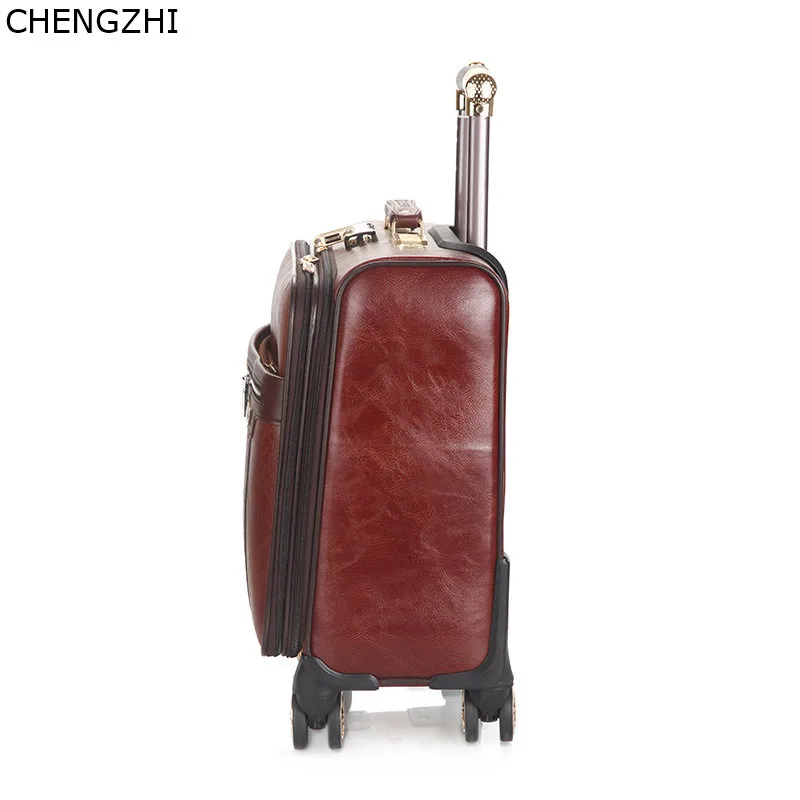CHENGZHI Vintage Men Business Rolling Luggage Spinner 18inch Cabin Trolley Password Suitcase Wheels PU Leather Travel Bag | Багаж и сумки