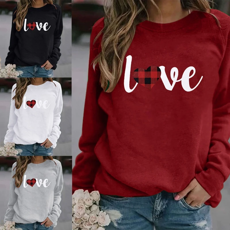 

Women Valentines Day Long Sleeve Love Plaid Heart Graphic Printed Sweatshirt Autumn Crew Neck Solid Color Casual Loose Pullover