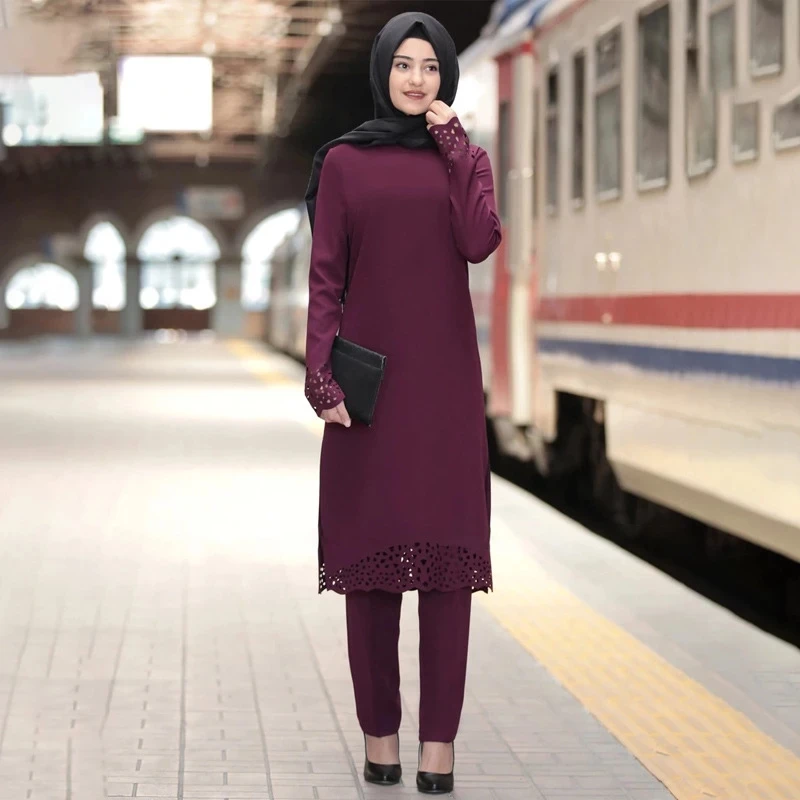 Комплект из двух предметов футболка с длинными рукавами и брюки для девочек женские Турция мусульманский абайя Разделение платья абайя Рам...