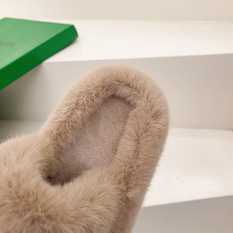 Winter Women House Slippers Faux Fur Flat Warm Shoes Furry Home Slippers Non-slip Solid Hollow out Fuzzy Slippers For Female