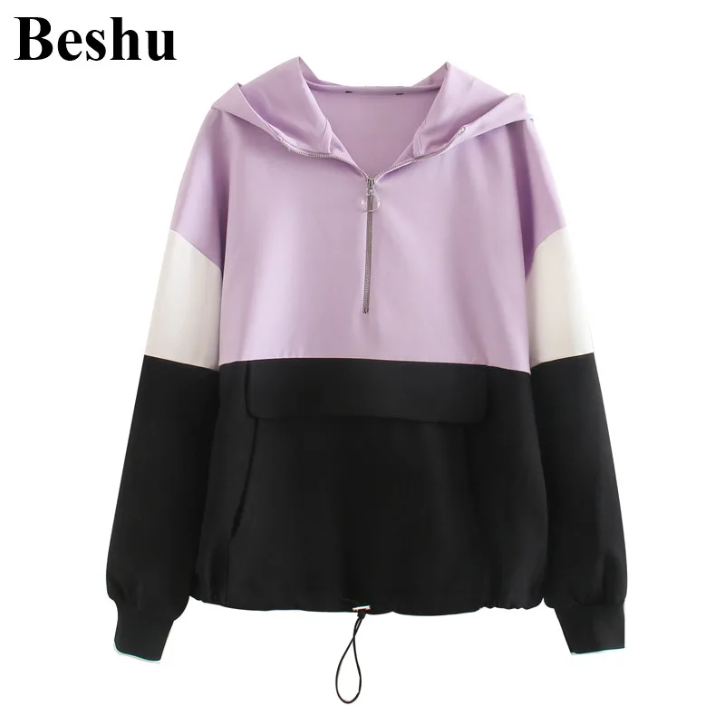 

za 2020 fashion sweatshirt women cotton hoodie kangaroo pocket zipper casual sweatshirt female color matching elastic cuff mujer