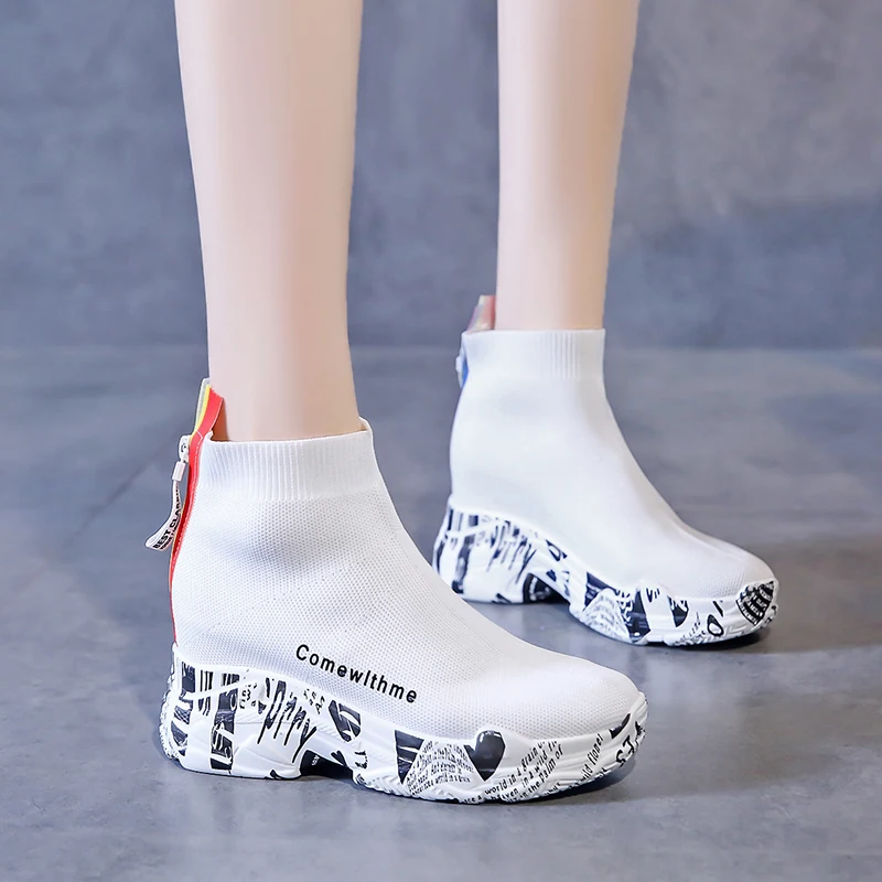 

Кроссовки-носки женские на платформе, толстая Вулканизированная подошва, вязаные, на танкетке, граффити, увеличивающие рост, черные белые