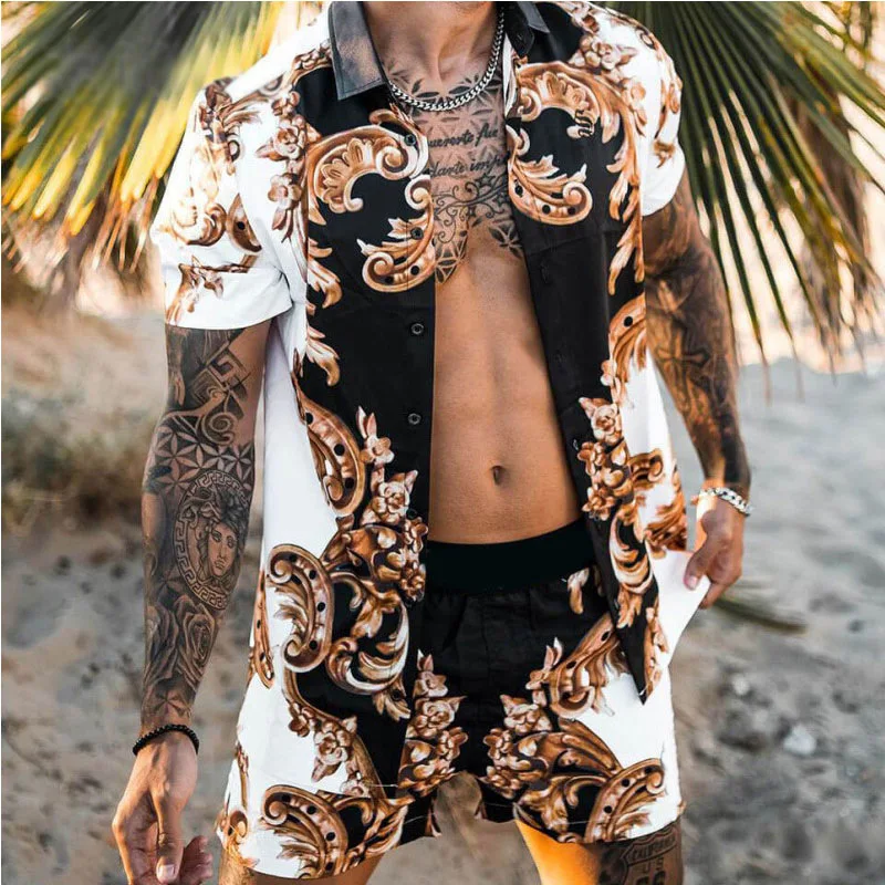 

Men Printing Hawaiian Sets Short Sleeve Button Shirt+ Beach Shorts Streetwear Casual quick-drying Mens Suit 2 Pieces M-3XL