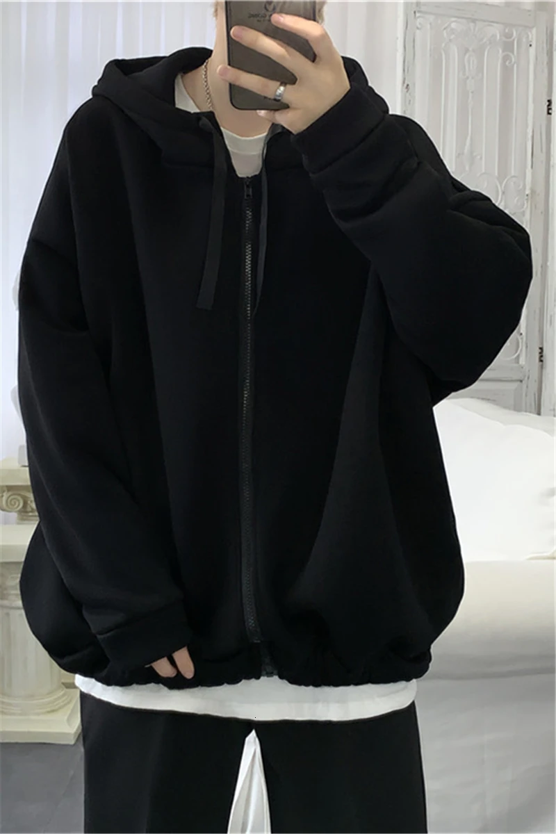 

2019 Autumn And Winter New Youth Popular Loose Hooded Sweatshirt Fashion Casual Solid Color Jacket Black Gray / Khaki M-XL