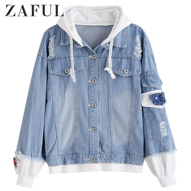 ZAFUL Потертая джинсовая куртка с капюшоном джинсы для женщин свободное джинсовое