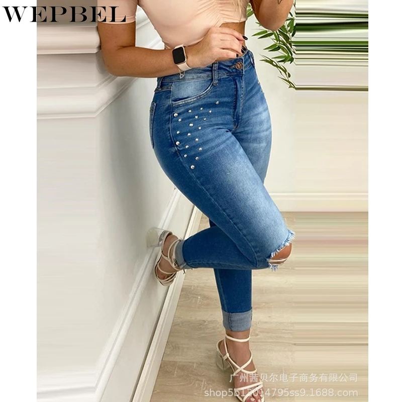 

WEPBEL Fashion Holes Jeans Women's Casual Solid Color Rivet Slim Jeans Autumn High Waist Button Pocket Denim Pencil Pants