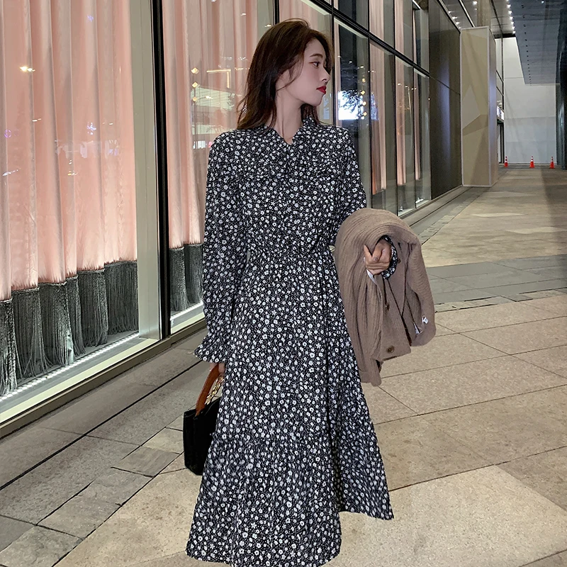 Шифоновое Цветочное платье с высокой талией и длинным рукавом