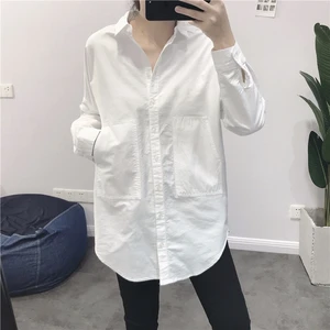 Рубашка женская хлопковая на пуговицах, белая Повседневная Свободная кофта с длинным рукавом и большими карманами, большие размеры, весна 2021