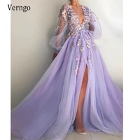 verngo elegant purple lilac organza prom dresses puff long sleeves v neck slit 3d flowers crystal evening special occasion gown