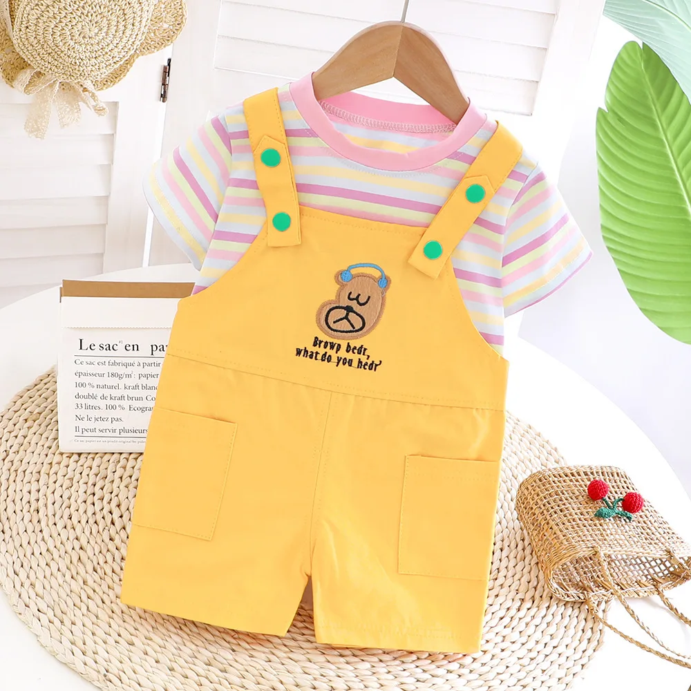 Летний комплект одежды для маленьких девочек футболка в полоску топы