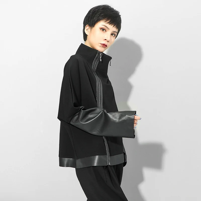 Patchwork PU Leather Black Oversized Jacket Women Autumn Winter 2021 Zipper Loose Causal Coats Jackets Vintage Clothes Cardigan