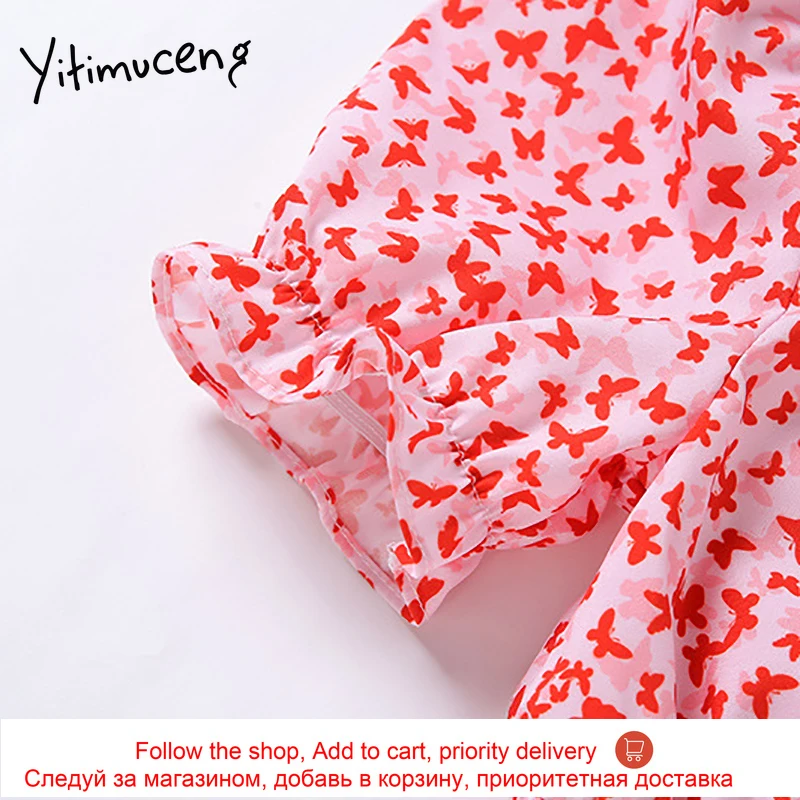 

Yitimuceng Folds Bow Printing Women Tshirts Wrap Chest 2021 Spring Fashion Streetwear Square Collar Short Sleeve Tops Clothes