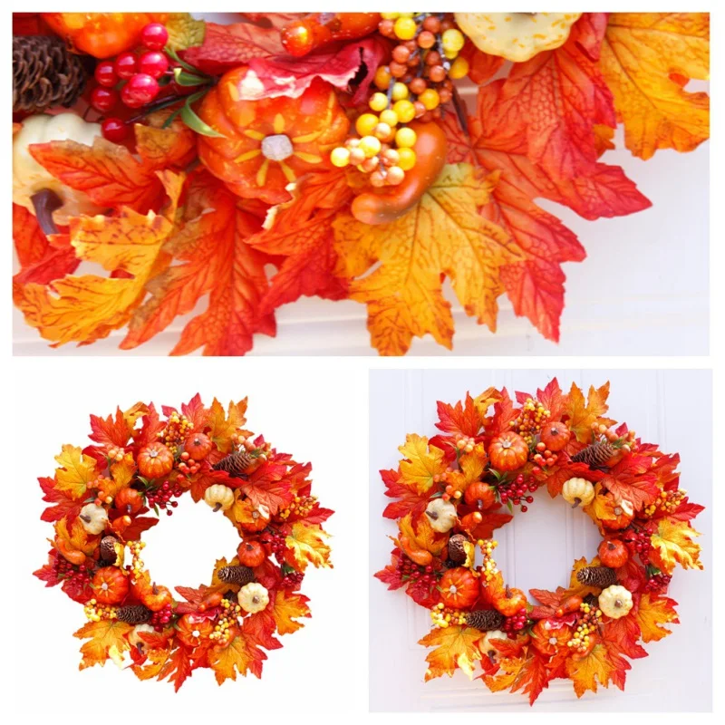 

60CM Autumn Holiday Artificial Pumpkin Maple Leaves Wreath Thanksgiving Day Halloween Front Door Wall Hanging Garland Hot