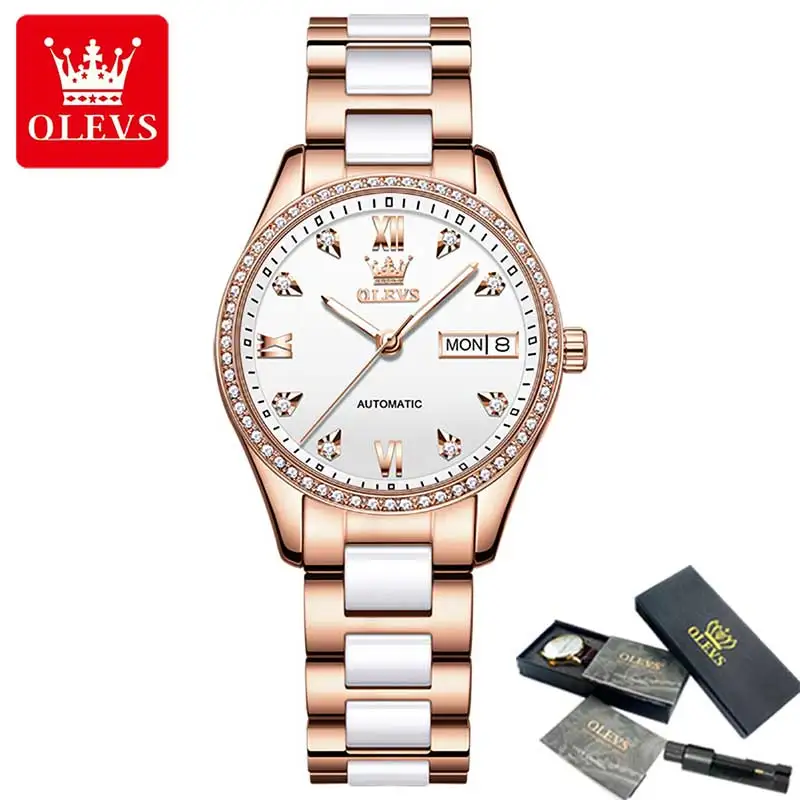 OLEVS Ladies Watch Bracelet Set Designer Luxury Waterproof Automatic Mechanical Watch Ceramic Diamond Date Display Watch 6637
