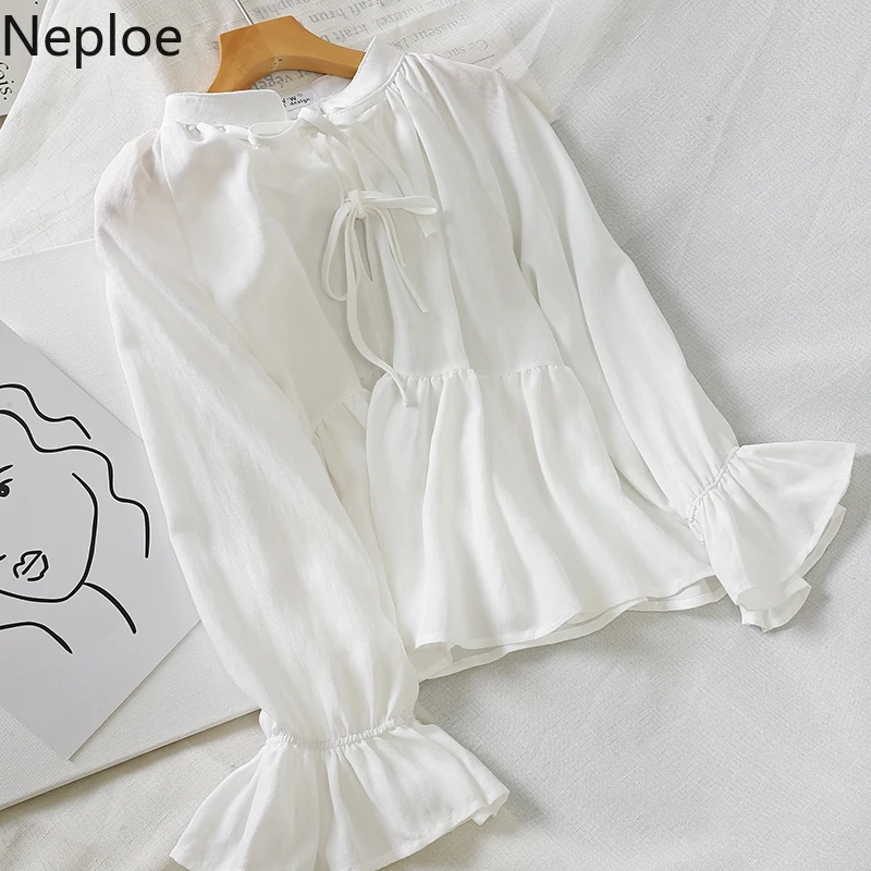 Neploe, Ретро стиль, свободная, однотонная, на шнуровке, с бантом, дизайнерская блузка, для женщин, с круглым вырезом, расклешенная, с длинным рукавом, Blusas Mujer, на осень и весну, праздничная, новая рубашка