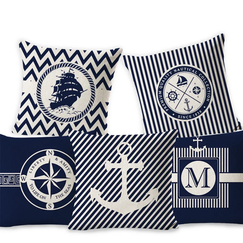 Home Decorative Pillowcase Square Cushion Cover Blue Sea Compass Series Marine Boat Toss Pattern Pillow | Дом и сад