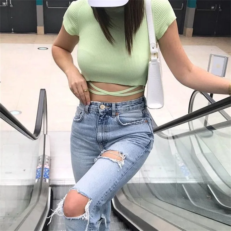 

ZXQJ 2021 Women High Street Solid Color Short Knitting Camis Vintage Lady Summer Hem Bandage Short Sleeve Crop Chic Tops