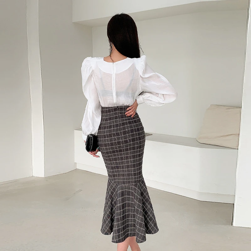 

Shirt 2 piece suit Korean ladies fall white Sexy tops and Plaid long skirt irregular Party sets for women china clothing
