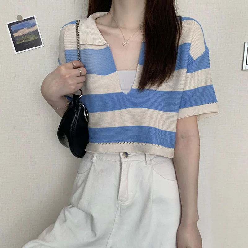 

2021 Harajuku Women V-Neck Knitted Red Short Tops Spring Summer Female Casual Sleeveless Stripe Knit Vests Short Pullovers Tees
