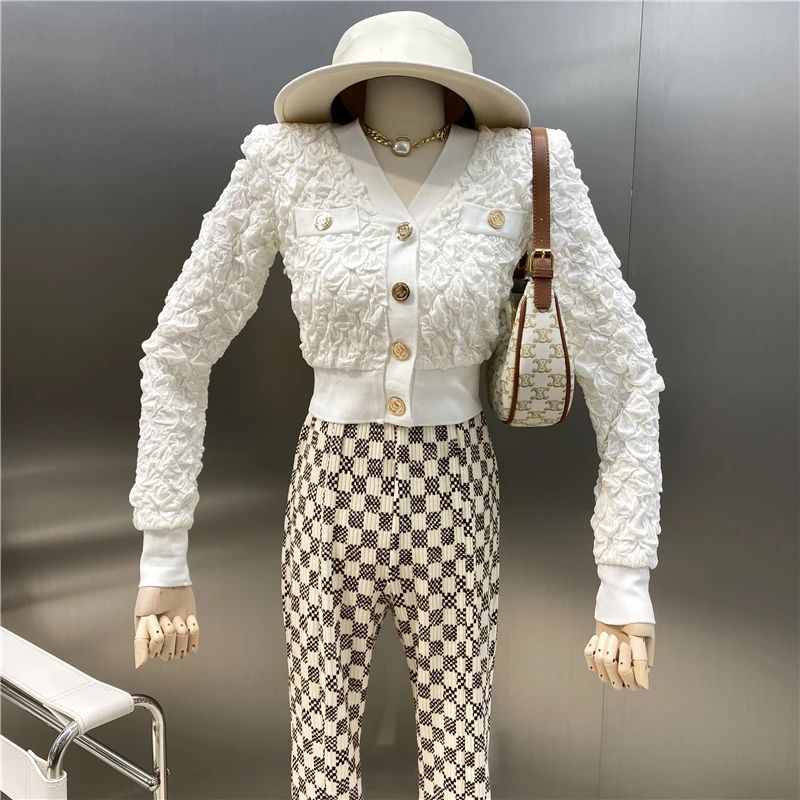 

Женский кардиган с металлическими пуговицами, модный универсальный короткий облегающий кардиган с V-образным вырезом и высокой талией в ин...