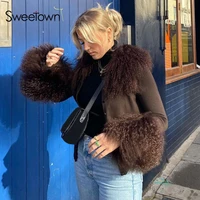 sweetown autumn 2021 fur trim cute y2k cardigan jackets women single breasted elegant fashion highstreet long sleeve sweats tops