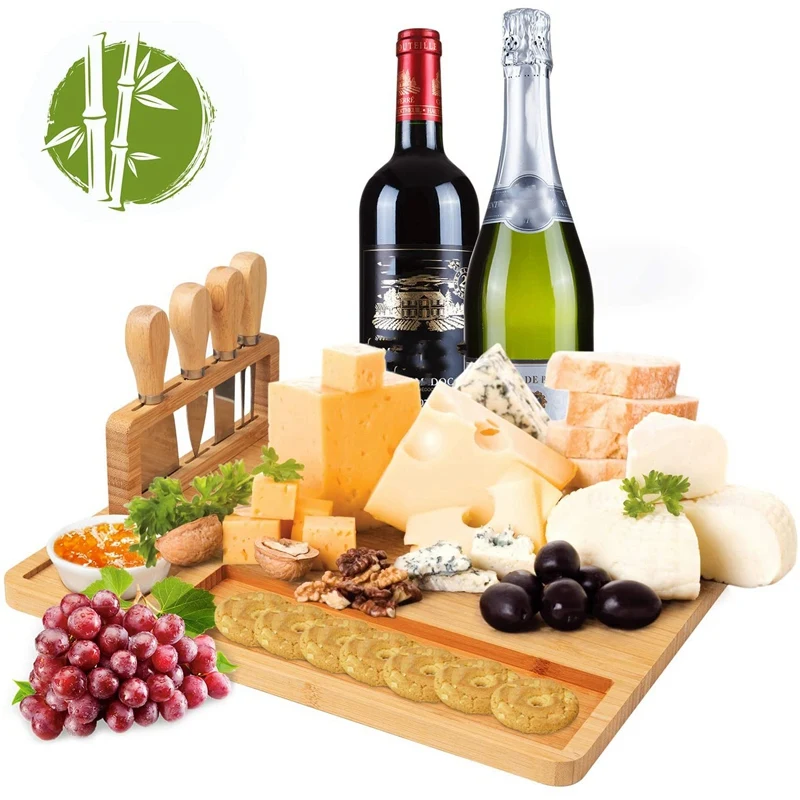 

Bamboo Cheese Board Set with 4 Stainless Steel Knife, Meat Charcuterie Platter Serving Tray, Perfect Choice for Wedding