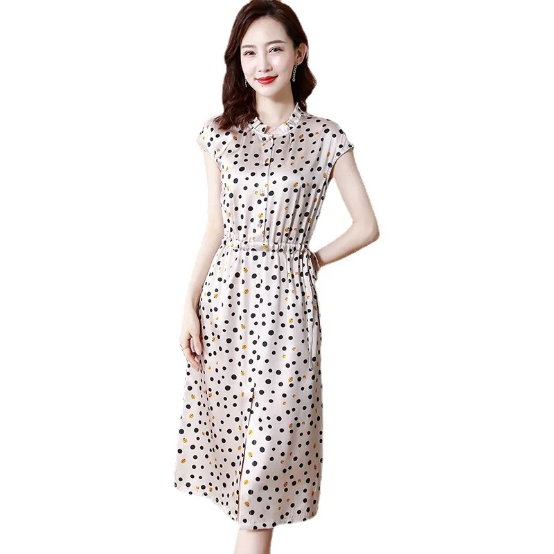 

Woman Midi Dress Natural Mulberry Silk Crepe Dot Sashes Print Dress 2021 Spring Elegant Dresses