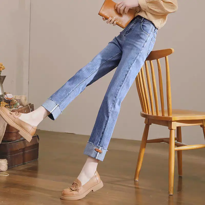 

Женские джинсы с завышенной талией, синие и серые тонкие прямые брюки в ретро стиле, новинка 2021, женские свободные трендовые девять точечных...