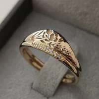 gold plated elegant women ring set anniversary birthday party gift rings retro hollow flower bride engagement wedding jewelry