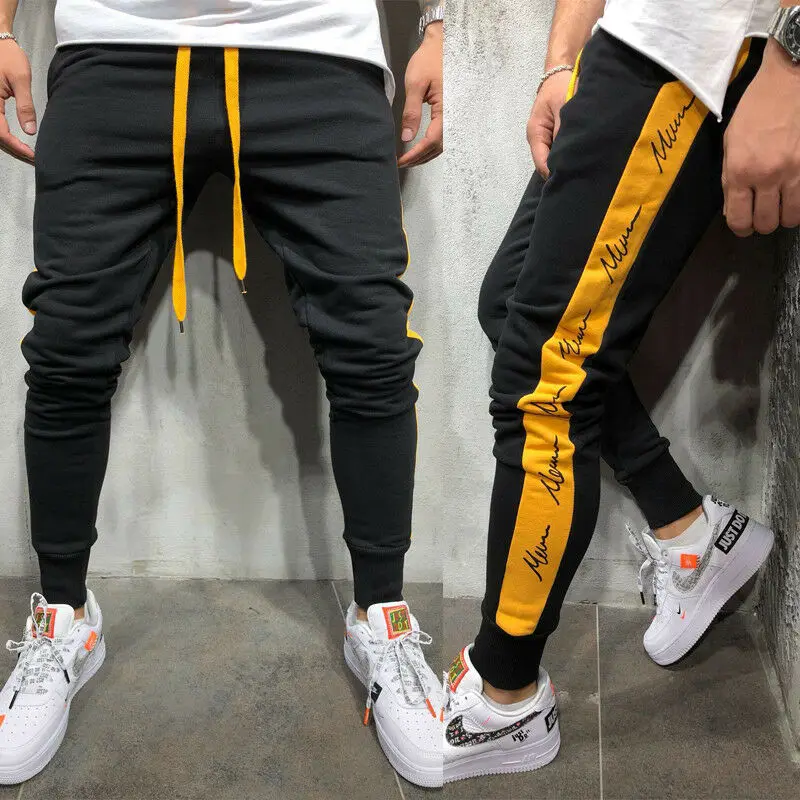 Black Yellow Мужские длинные штаны для тренажерного зала для бега, спортивные штаны, облегающий спортивный костюм, брюки с принтом, повседневные Фитнес Брюки для бега - Цвет: Black Yellow