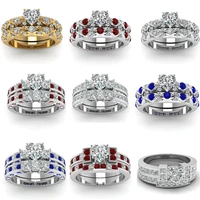 2022 trendy mixed style fashion luxury female crystal blue red gold color heart zircon ring set for women wedding bridal jewelry