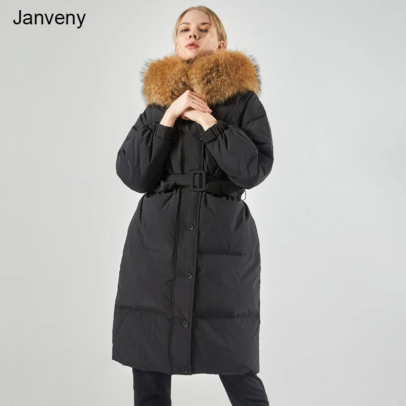 Janveny Luxury Real Raccoon Fur Hooded Long Down Jacket Women Puffer Fluffy Coat 90% White Duck Down Parkas Female Snow Outwear