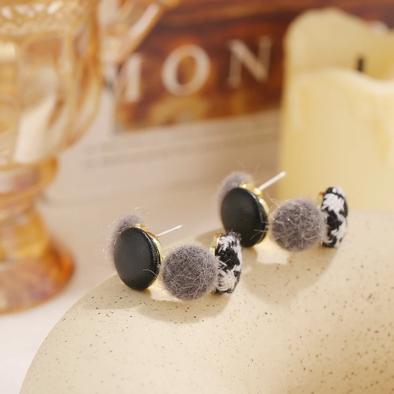 

VKME Korea Leather Hoop Earrings For Women Round Earring Lovely Plush Temperament Button Shape Earings Trendy Jewelry Earrings