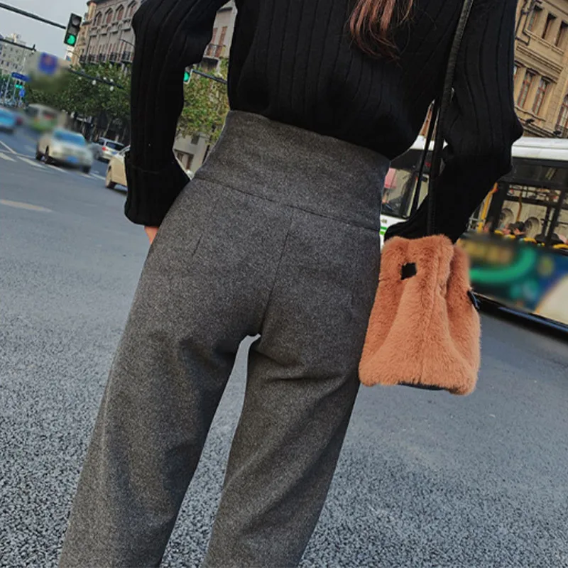 

Women's High Waist Woolen Harem Pants Female Button Loose Warm Straight Pants 2020 Autumn Winter Ladies Solid Korean Trousers