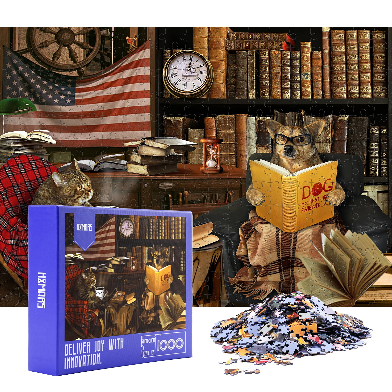 

HXMARS Jigsaw Puzzles 1000 Piece for Adults Kids, Large Puzzle Game for Family- Dog and Cat in The Studyroom