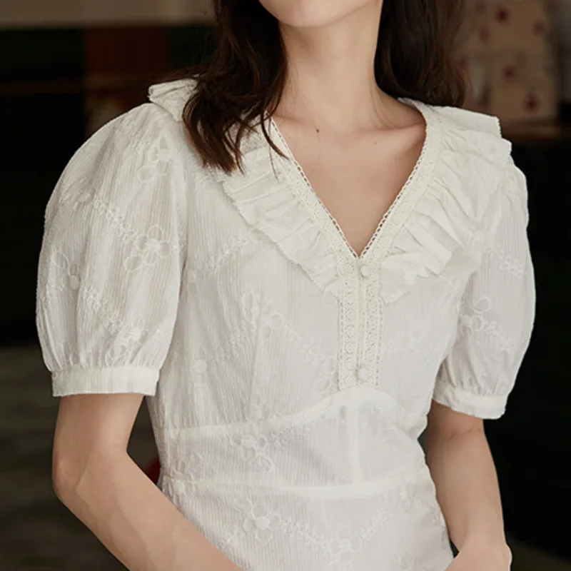 

Women Chic Fashion Clothing With Lace Ruffles Mini Dress Vintage V- Neck Short Sleeve Lining Female Vestidos De Mujer Casual