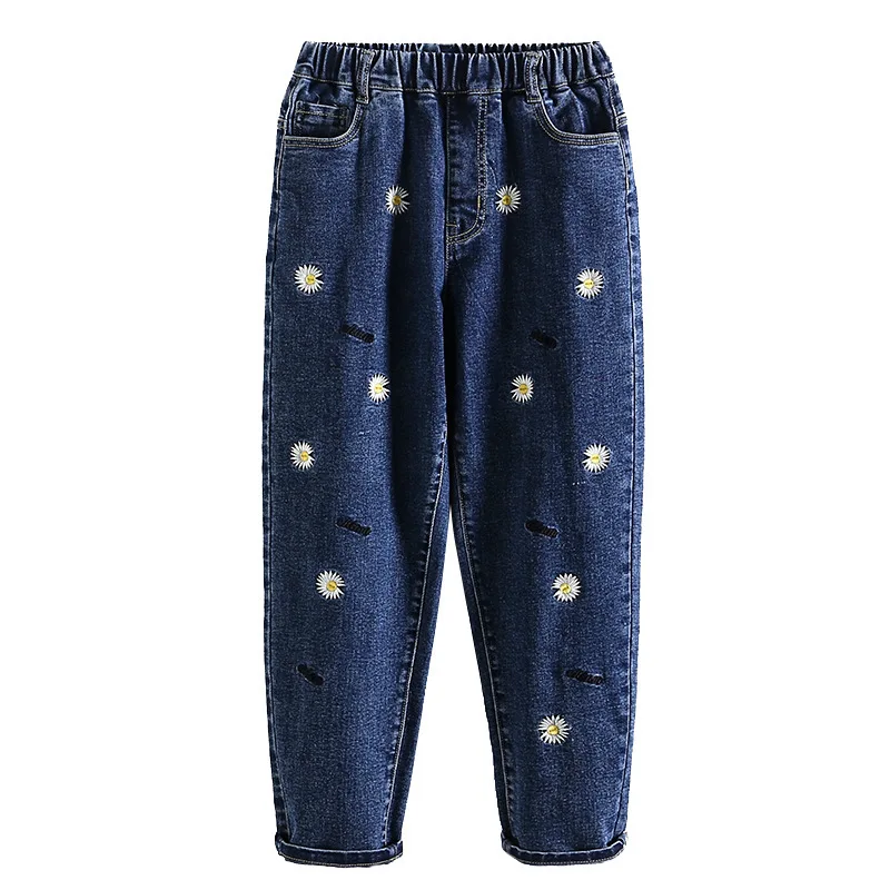 

Baby Girls Jeans Pants 2021 New Fashion All-match Elasticity Casual Pants Kids Trousers Embroidery Daisy Childrens Clothing 10 Y