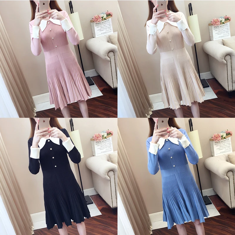 Женское плиссированное платье свитер осенне зимнее элегантное тонкое