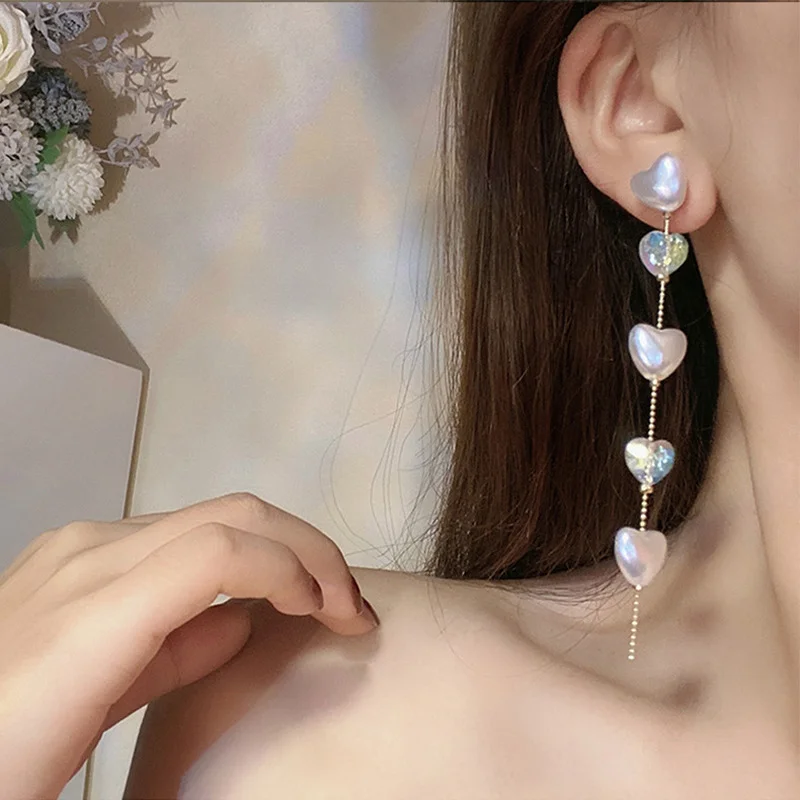 

Minar 2021 Fashion White Simulated Pearl Long Tassel Earring for Women AB Color Crystal Bling Bling Drop Dangle Earrings Gift