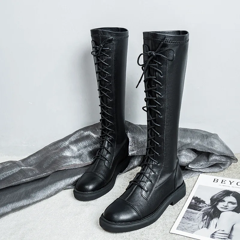 

Women's boots below the knee 2020 new boots women's middle pipe boots high thin elastic strap Knight boots women's winter