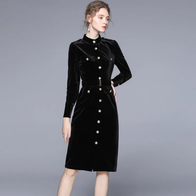 

Runway Spring Design Velvet Office Dress Women Elegant Stand Collar Long Sleeve Single Breasted Vintage Slim Midi Dresses