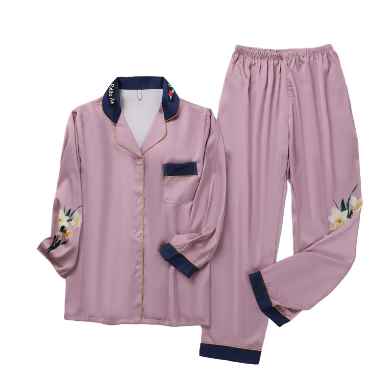 

Sexy Women Flower Printed Pajamas Sleepwear Autumn Ice Silk Long Sleeve Trousers Suit Fashion Pyjamas Set Nightwear