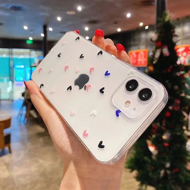 Phone Case For iPhone 14 11 Pro Max 12 13 Mini 7 8 Plus X XR XS Max Transparent Cartoon Love Heart Soft TPU Mobile Phone Cover
