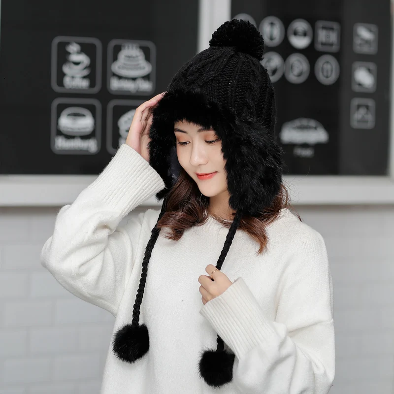 Простые шапки-ушанки женская вязаная шапка из натурального кроличьего меха с