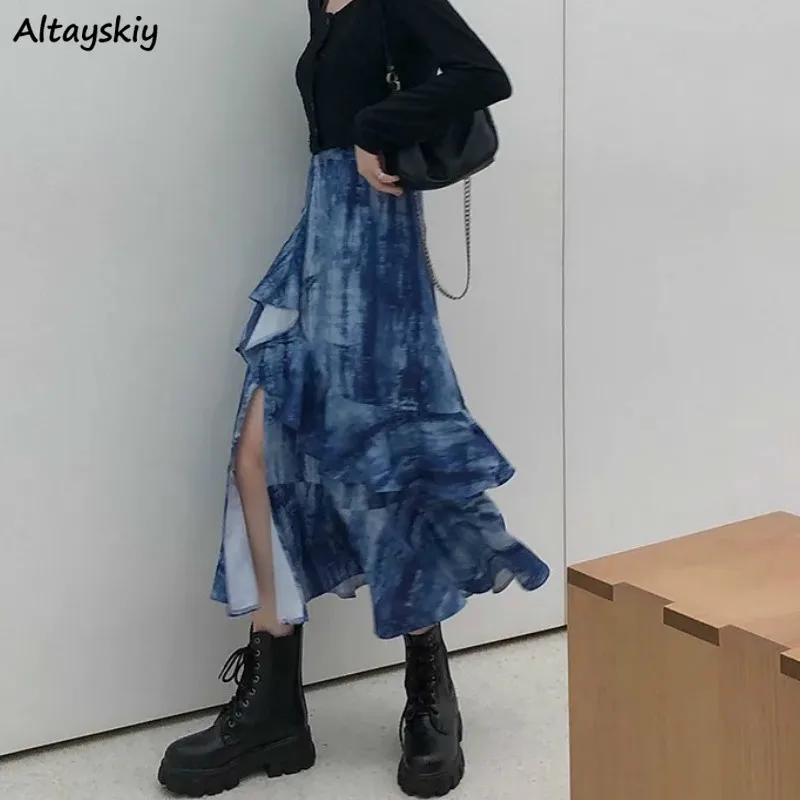 Женская длинная юбка с принтом тай-дай оборками в стиле Харадзюку | одежда