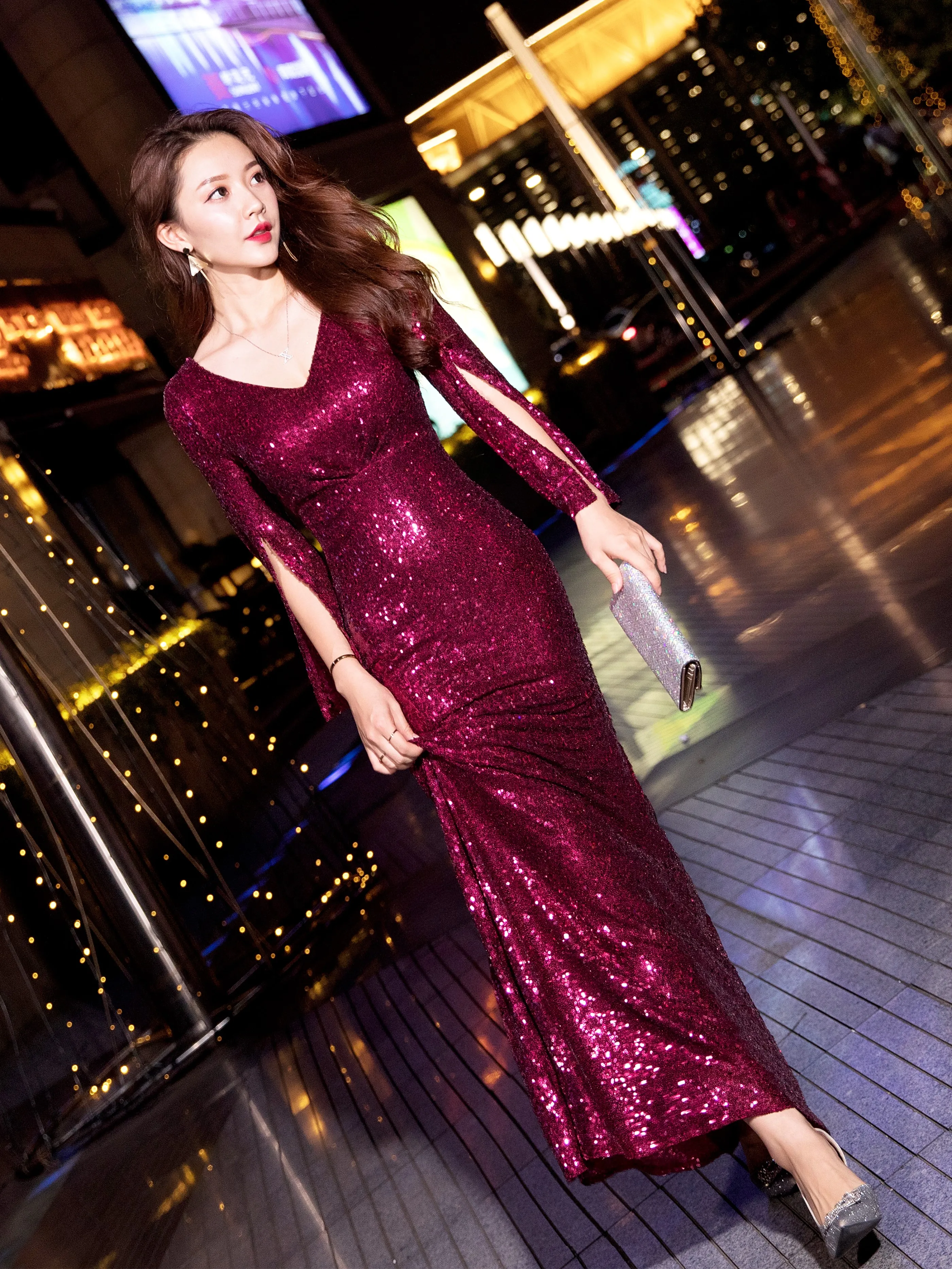 Женское вечернее платье русалка длинное до пола с V образным вырезом сексуальное