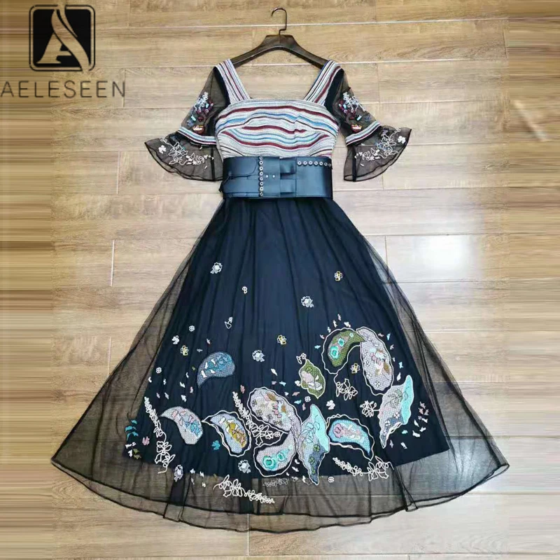 Женское винтажное платье AELESEEN подиумное с расклешенными рукавами Сетчатое